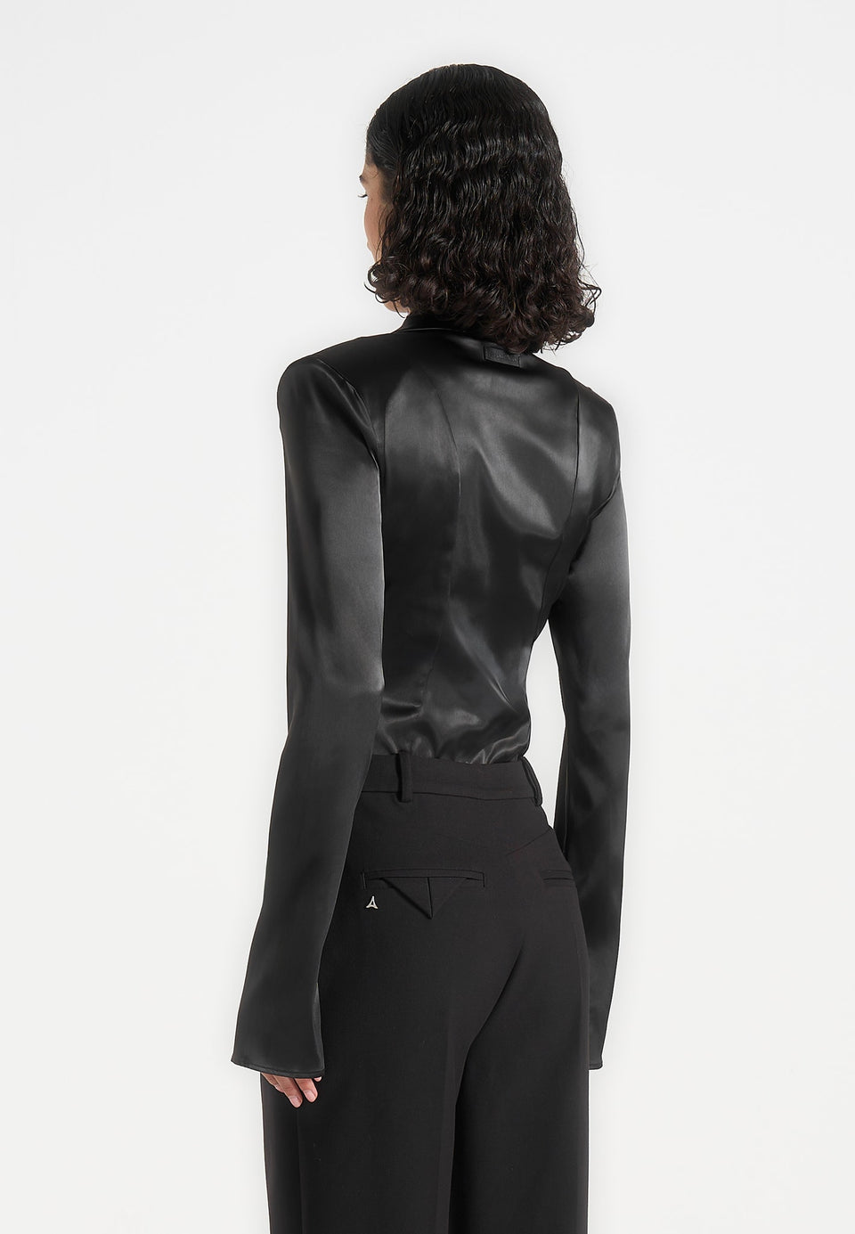 Louise - Wide Shoulder Satin Shirt Bodysuit - Black