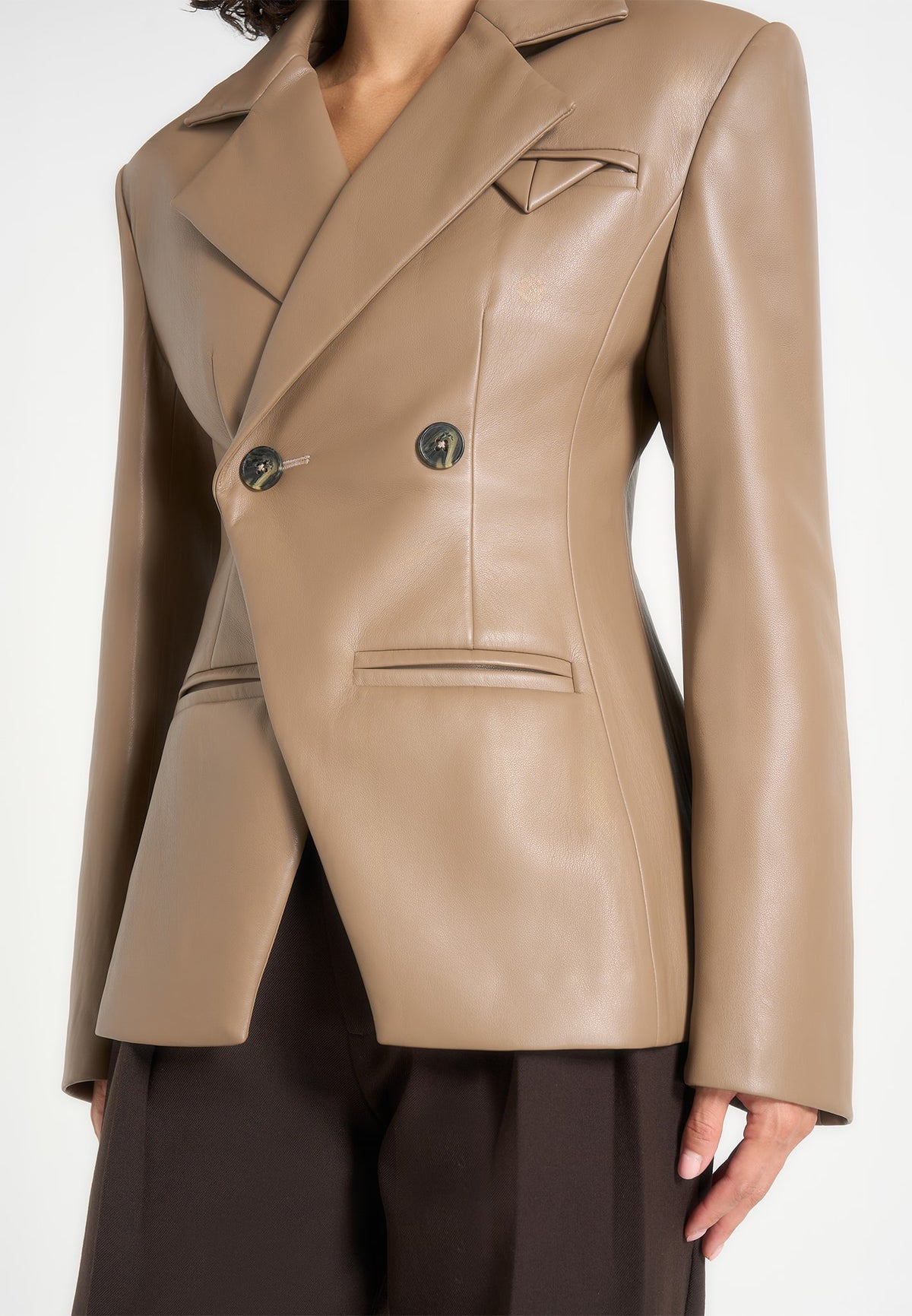 Beatrice - Leather Double Breasted Hourglass Blazer - Taupe