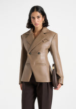 Beatrice - Leather Double Breasted Hourglass Blazer - Taupe
