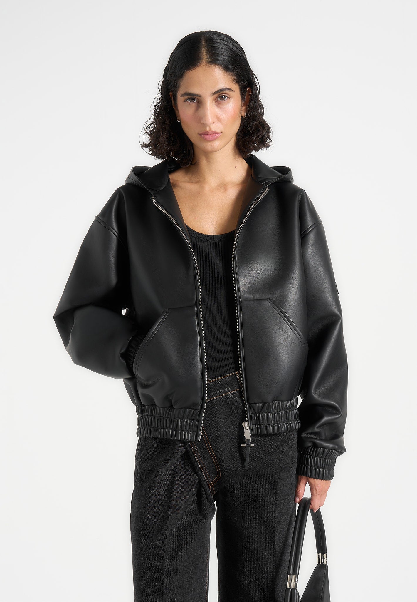 Jude - Unisex Leather Zip-Through Hooded Jacket - Black