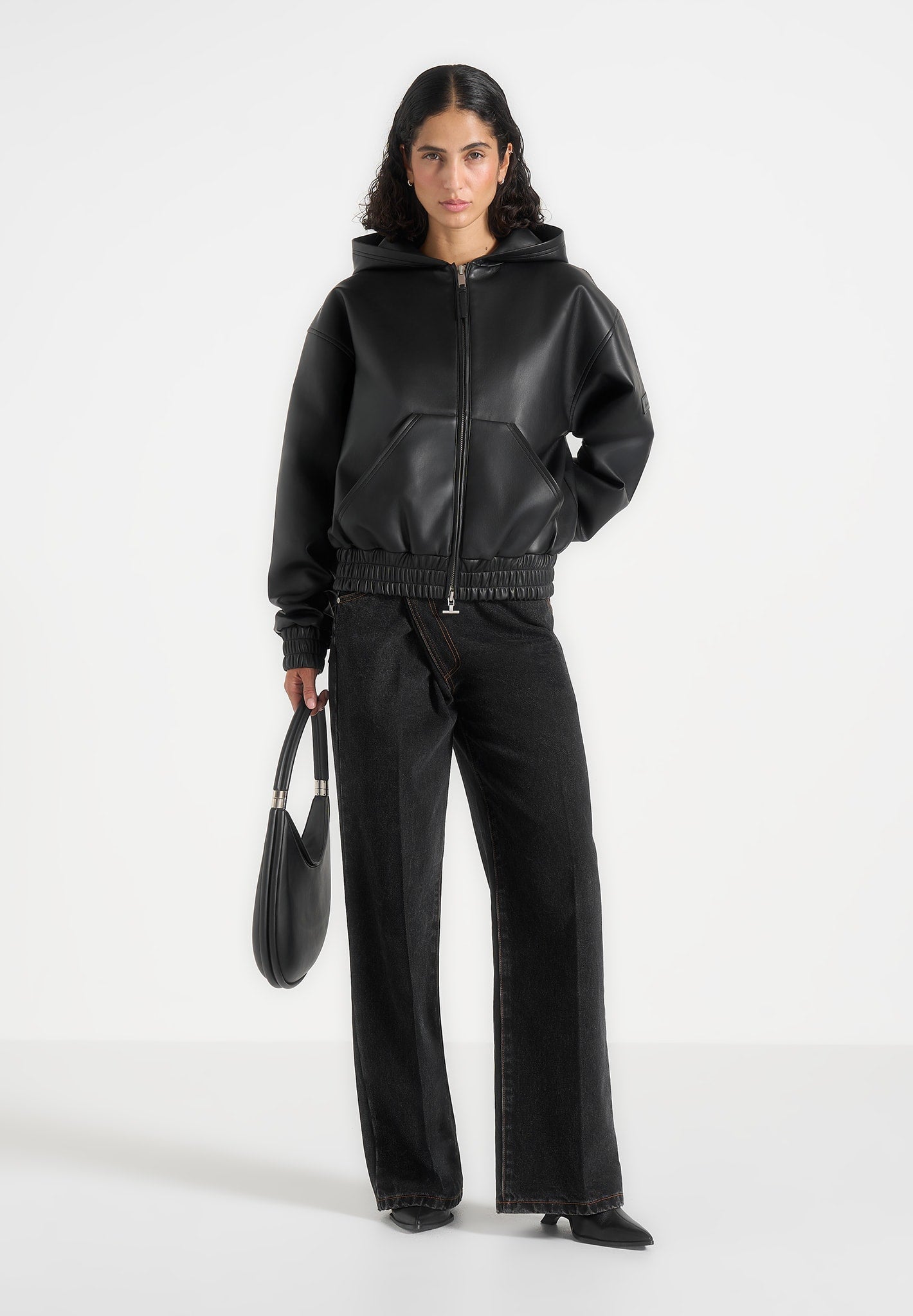 Jude - Unisex Leather Zip-Through Hooded Jacket - Black