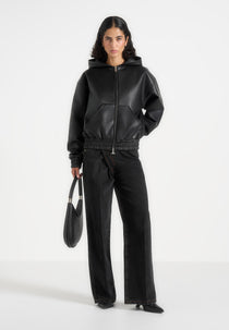 Jude - Unisex Leather Zip-Through Hooded Jacket - Black