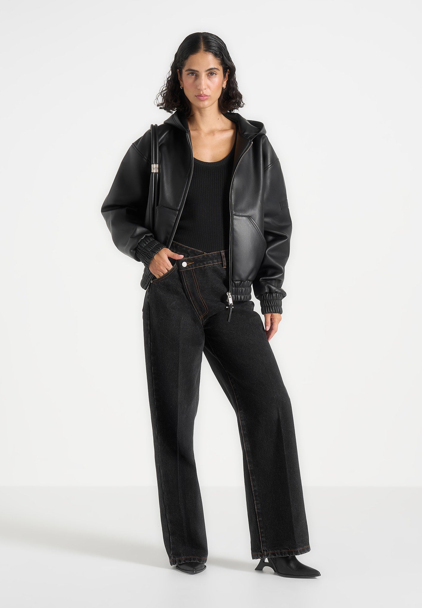 Jude - Unisex Leather Zip-Through Hooded Jacket - Black
