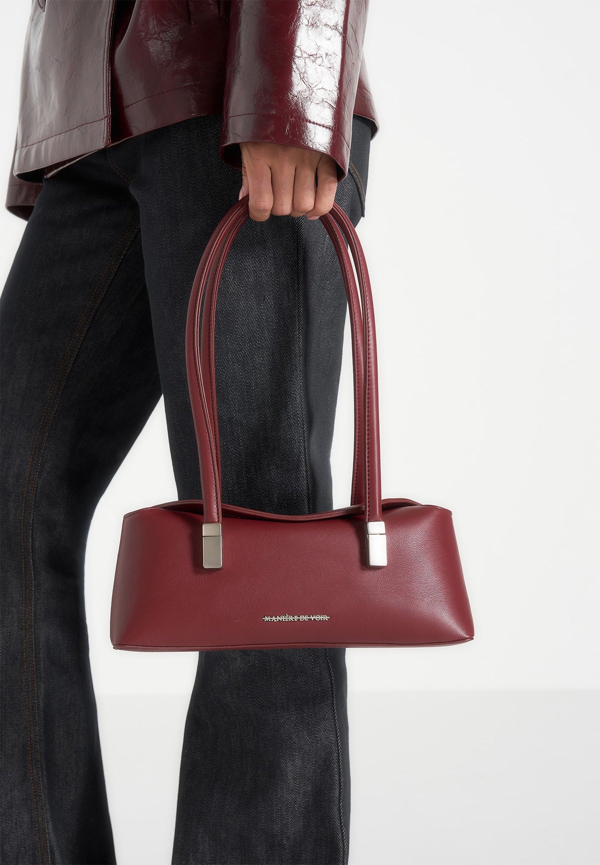 Annelise - Pebbled Leather Baguette Bag - Wine Red