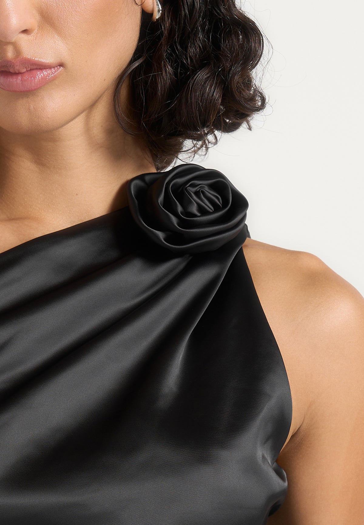 Heidi - One Shoulder Satin Rosette Top - Black