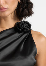 Heidi - One Shoulder Satin Rosette Top - Black