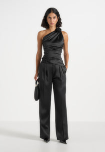 Heidi - One Shoulder Satin Rosette Top - Black