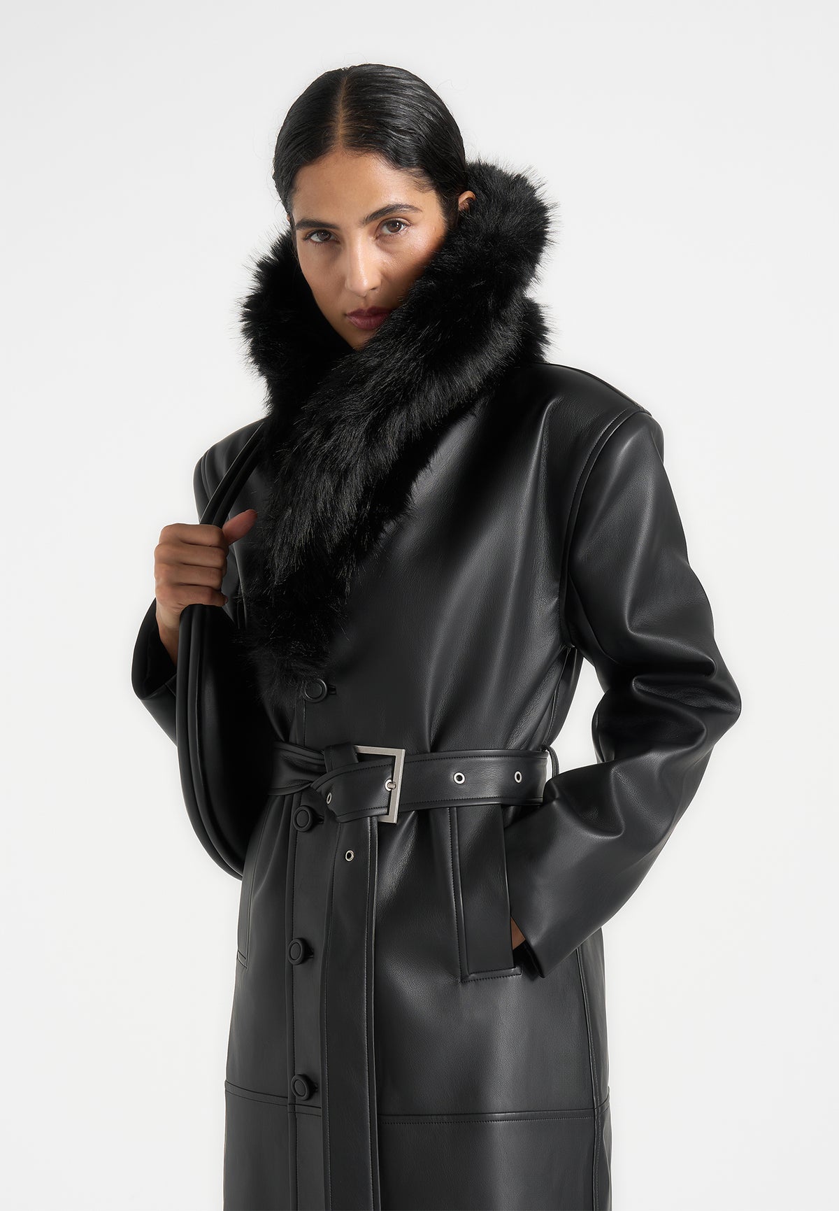 Cenya - Fur Collar Belted Leather Coat - Black
