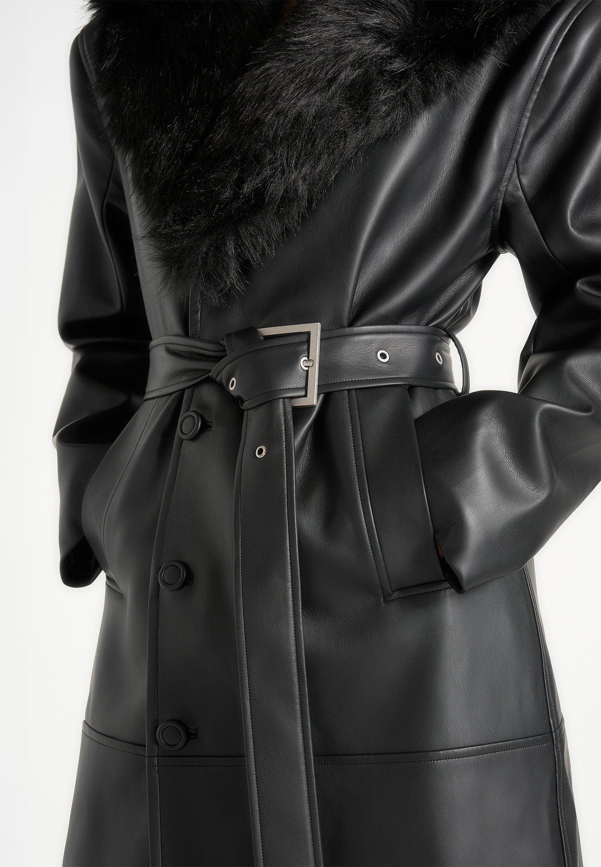 Cenya - Fur Collar Belted Leather Coat - Black