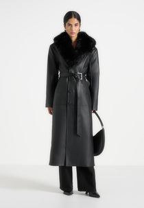 Cenya - Fur Collar Belted Leather Coat - Black