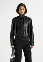 Piper - Oversized Pleated Leather Bomber Jacket - Black