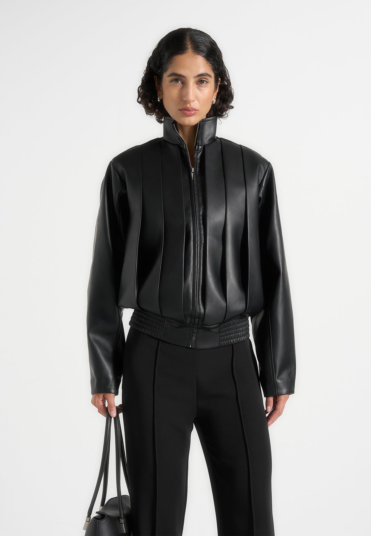 Piper - Oversized Pleated Leather Bomber Jacket - Black