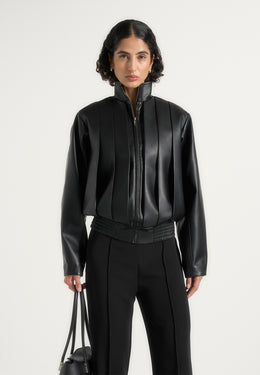 Piper - Oversized Pleated Leather Bomber Jacket - Black