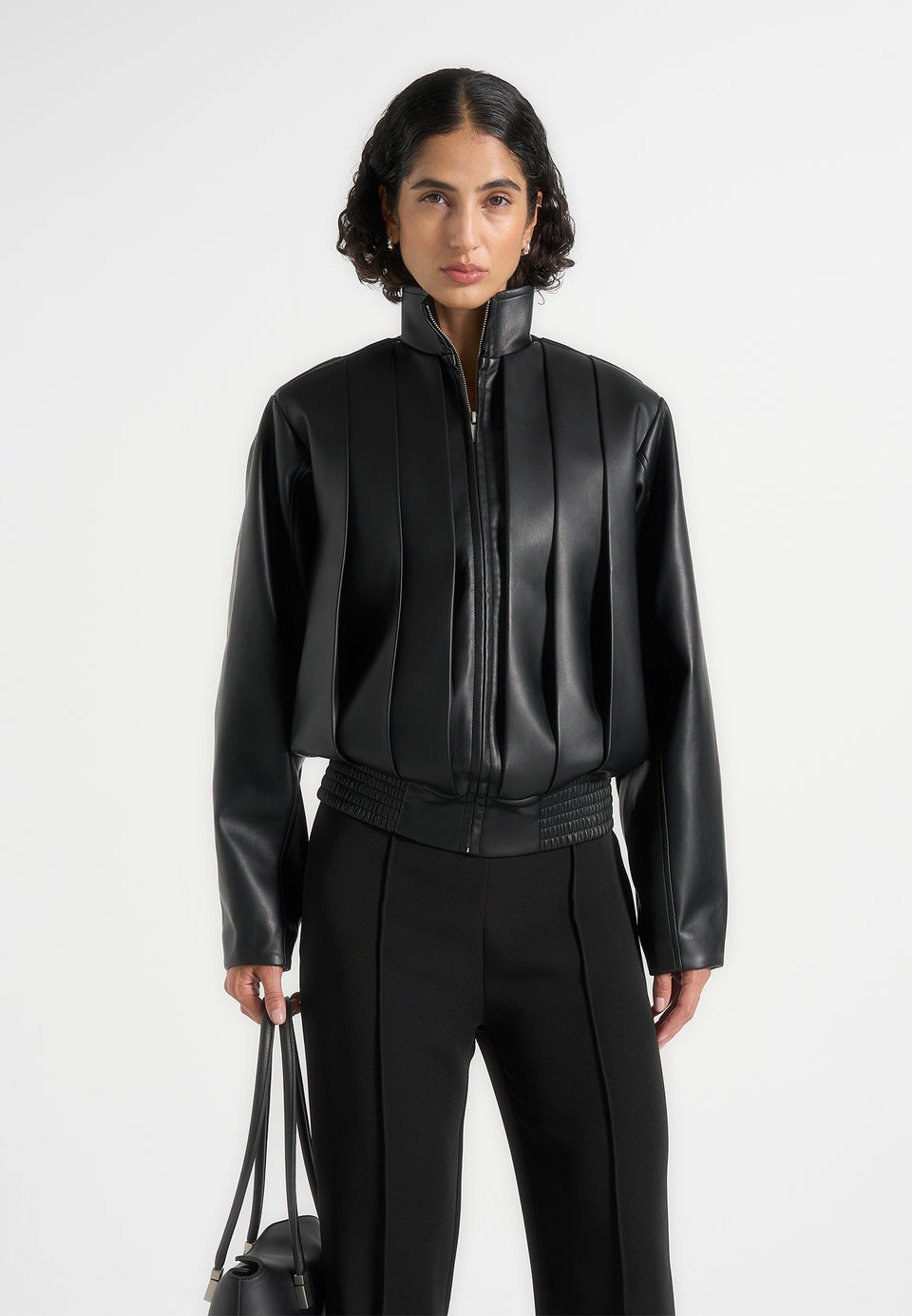 Piper - Oversized Pleated Leather Bomber Jacket - Black