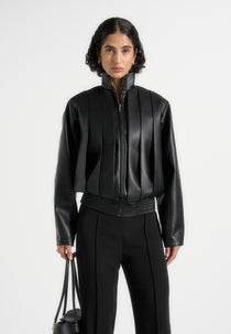 Kirsty - Oversized Pleated Leather Bomber Jacket - Black