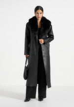 Cenya - Fur Collar Belted Leather Coat - Black
