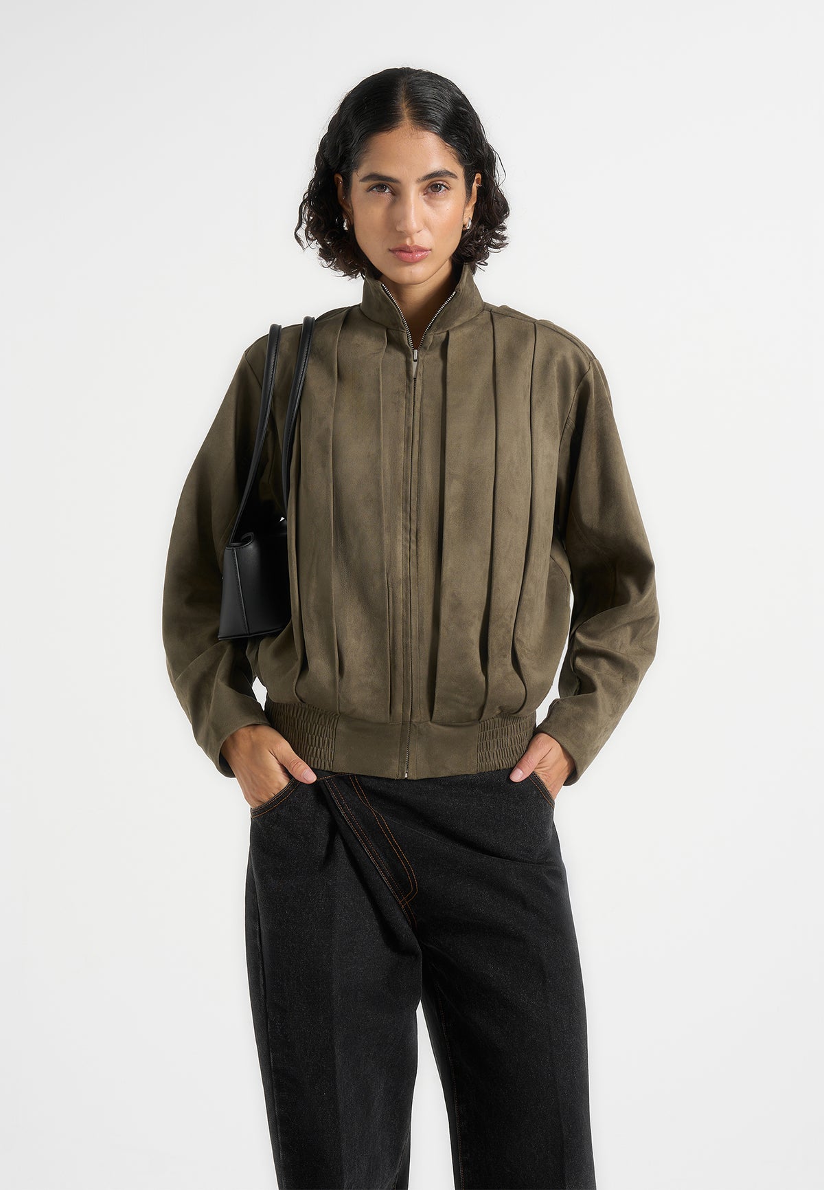 Kirsty - Oversized Pleated Suede Bomber Jacket - Dark Sage