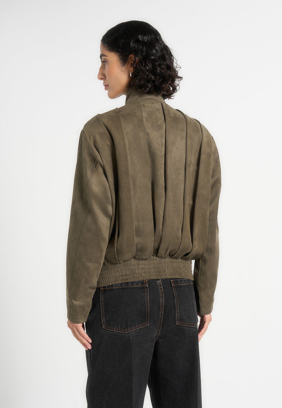 Piper - Oversized Pleated Suede Bomber Jacket - Dark Sage