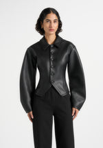Maggie - Leather Collared Hourglass Jacket - Black