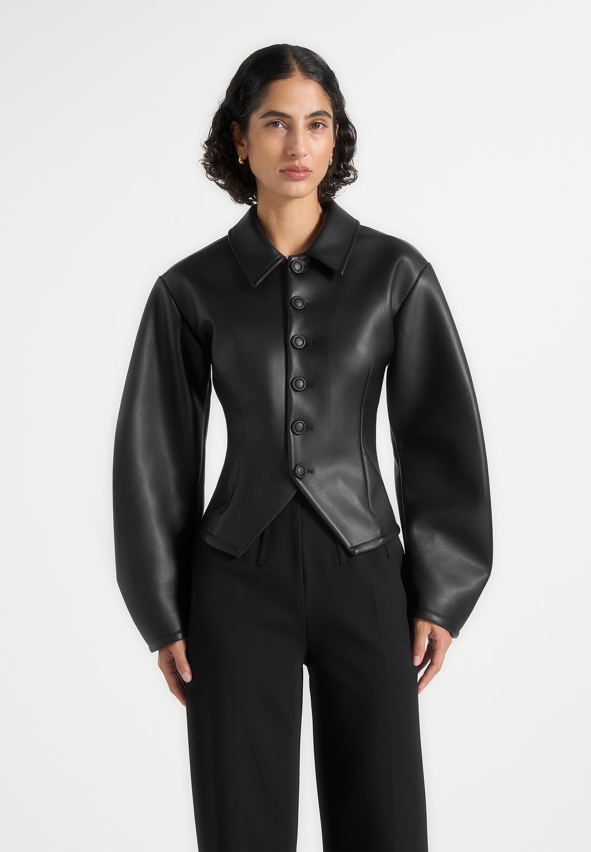 Maggie - Leather Collared Hourglass Jacket - Black