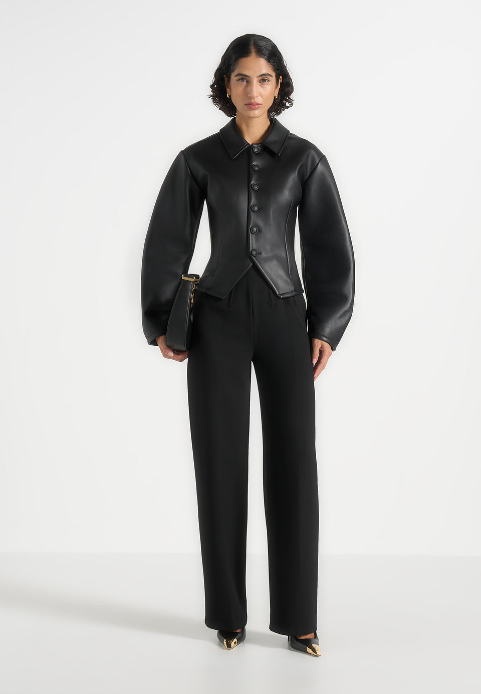 Maggie - Leather Collared Hourglass Jacket - Black