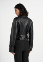 Amara - Cropped Leather Belted Biker Jacket - Black