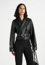 Amara - Cropped Leather Belted Biker Jacket - Black
