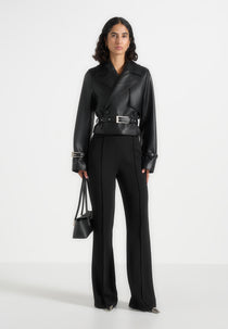 Amara - Cropped Leather Belted Biker Jacket - Black