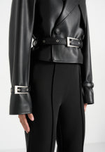 Amara - Cropped Leather Belted Biker Jacket - Black
