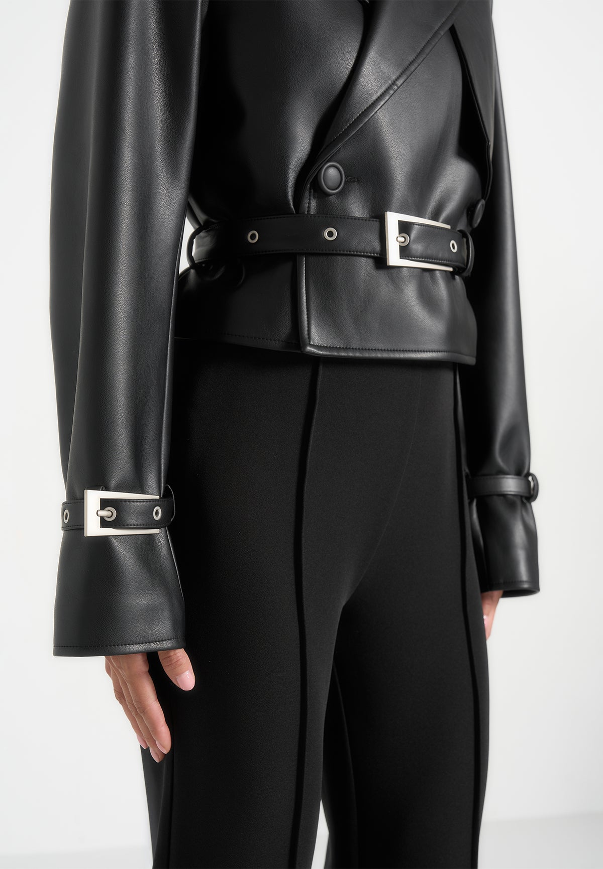 Amara - Cropped Leather Belted Biker Jacket - Black