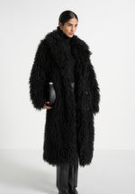 Bria - Oversized Mongolian Fur Coat With Belt - Black