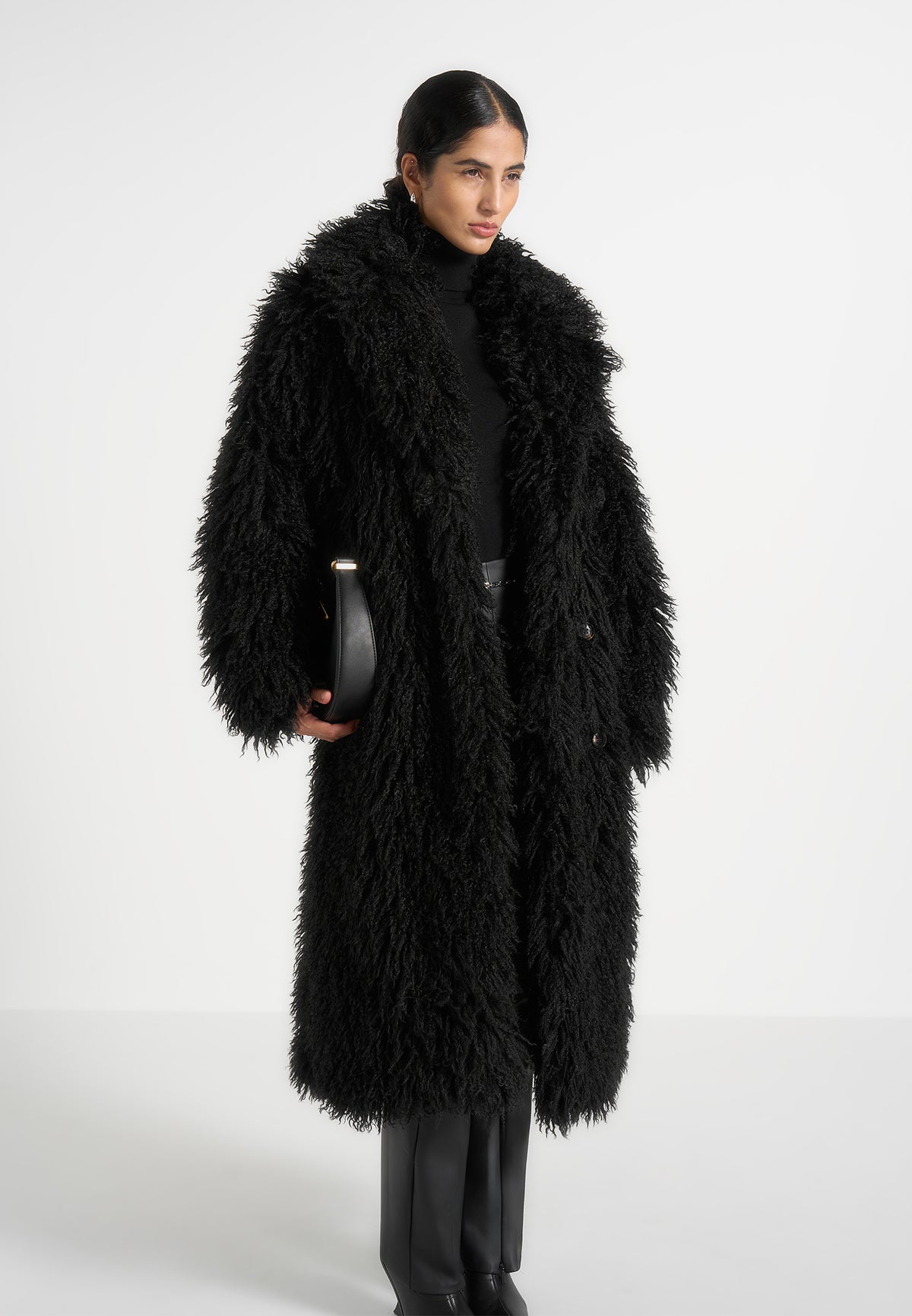 Bria - Oversized Mongolian Fur Coat With Belt - Black