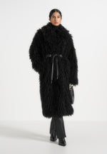 Bria - Oversized Mongolian Fur Coat With Belt - Black