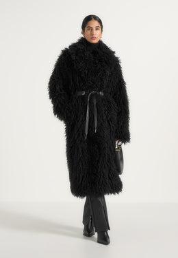 Bria - Oversized Mongolian Fur Coat With Belt - Black