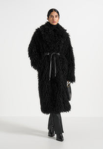 Bria - Oversized Mongolian Fur Coat With Belt - Black