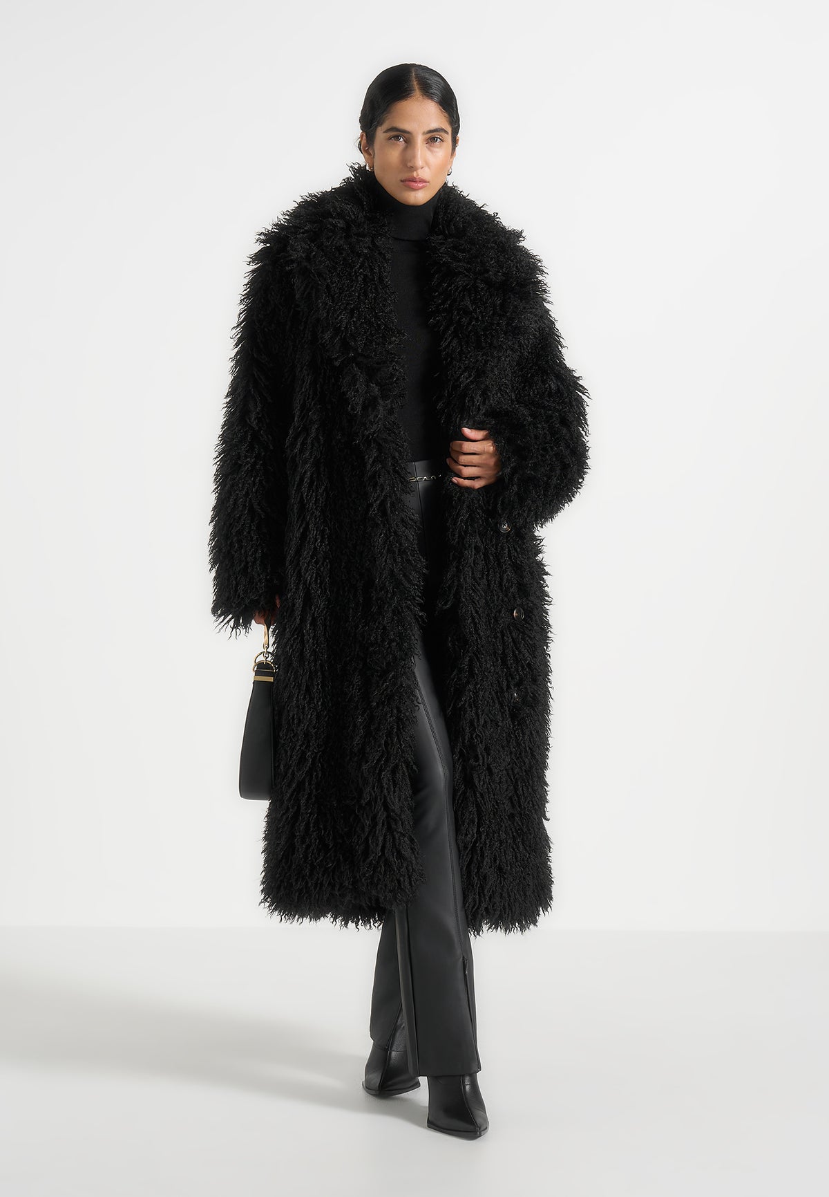 Bria - Oversized Mongolian Fur Coat With Belt - Black