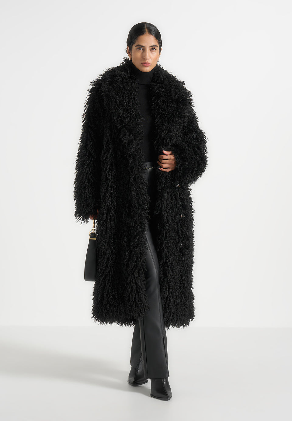 Bria - Oversized Mongolian Fur Coat With Belt - Black
