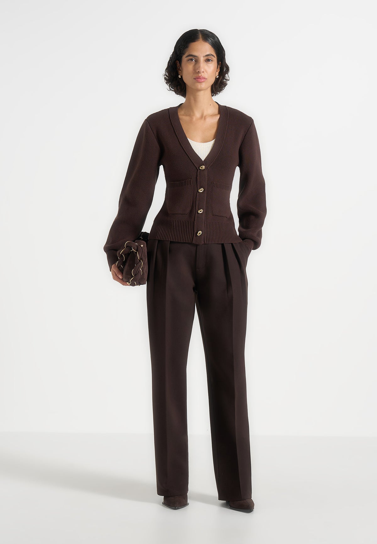 Tessa - Cinched Waist Cotton Cardigan - Brown