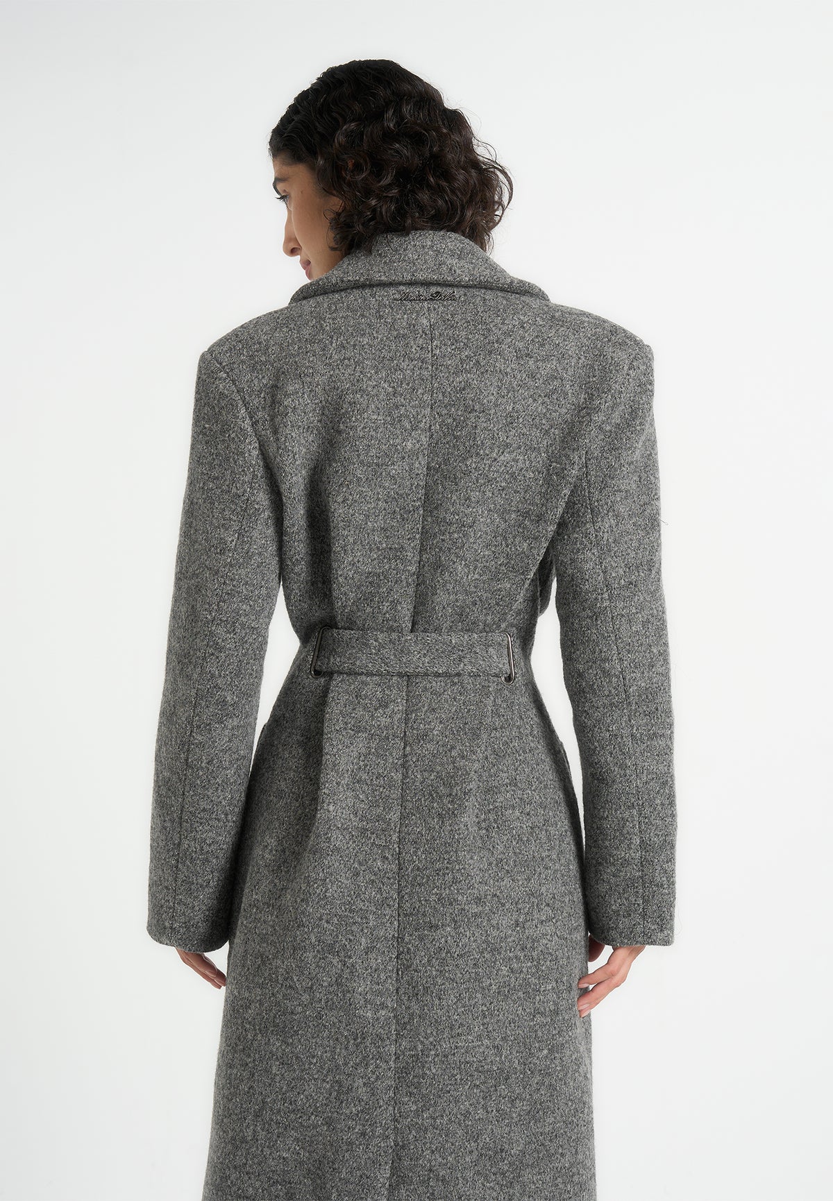 Jena - Wide Shoulder Wool Coat with Cinch Belt - Grey