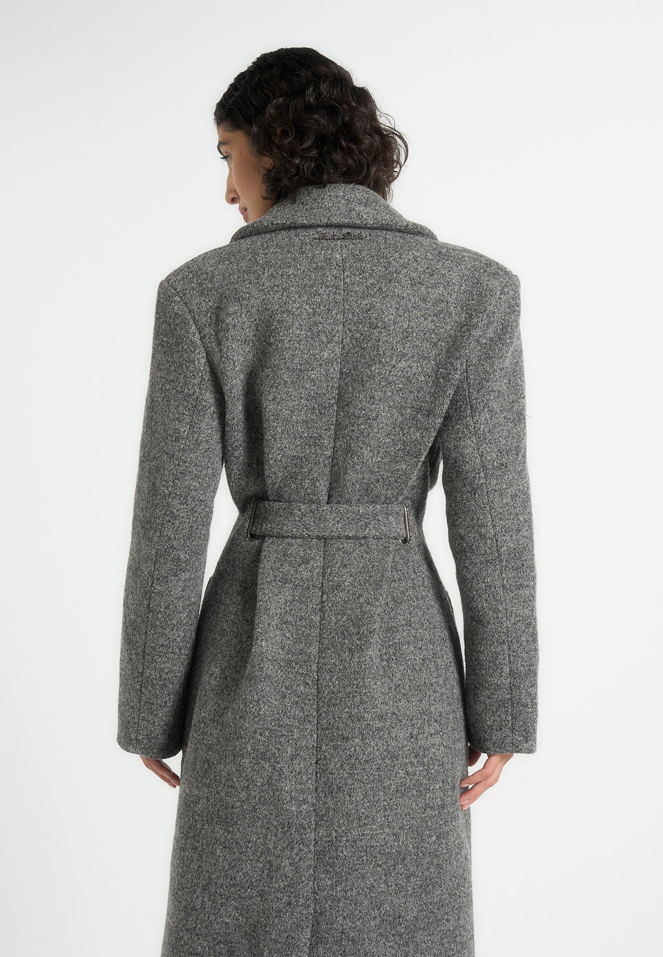 Jena - Wide Shoulder Wool Coat with Cinch Belt - Grey