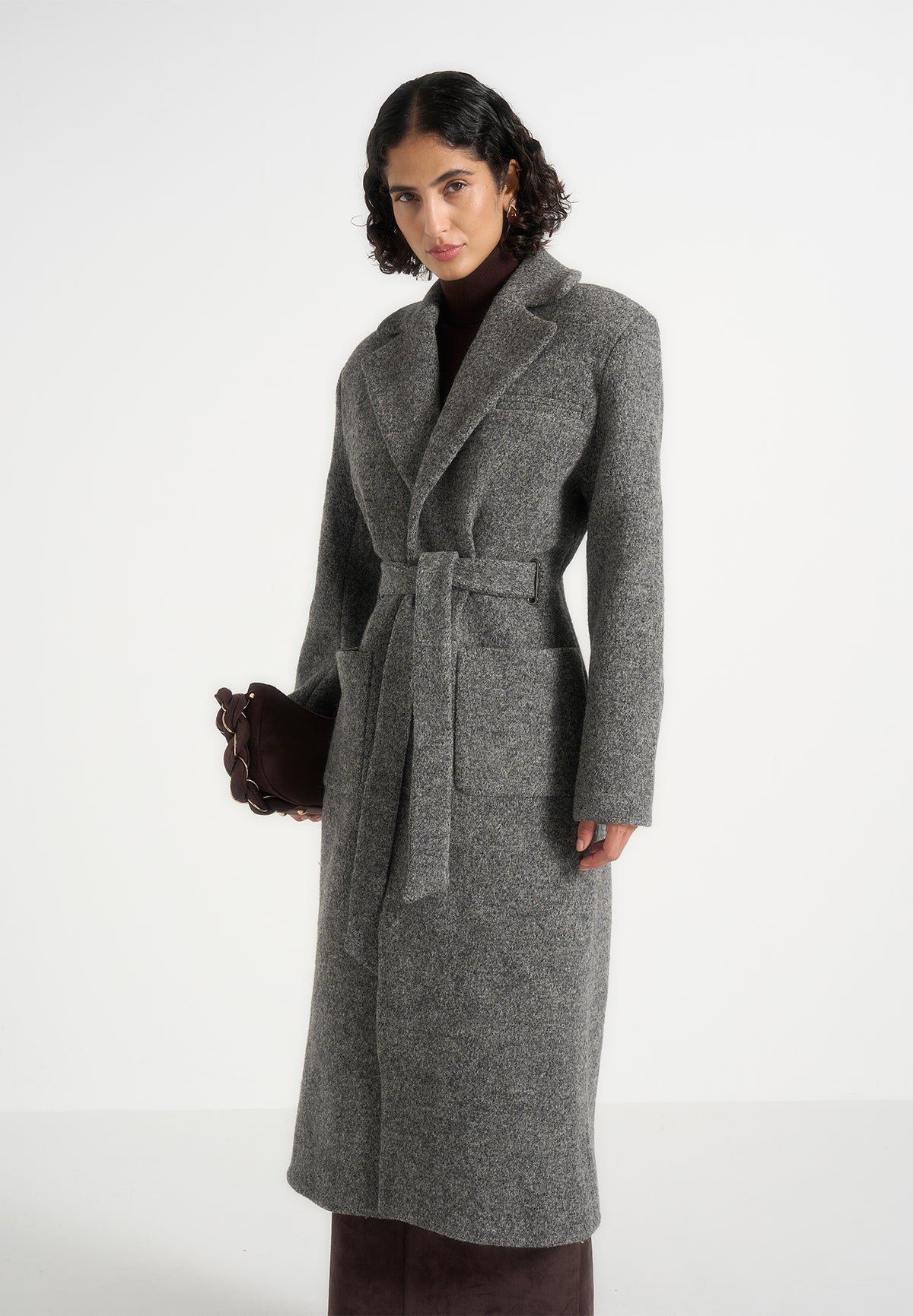 Jena - Wide Shoulder Wool Coat with Cinch Belt - Grey