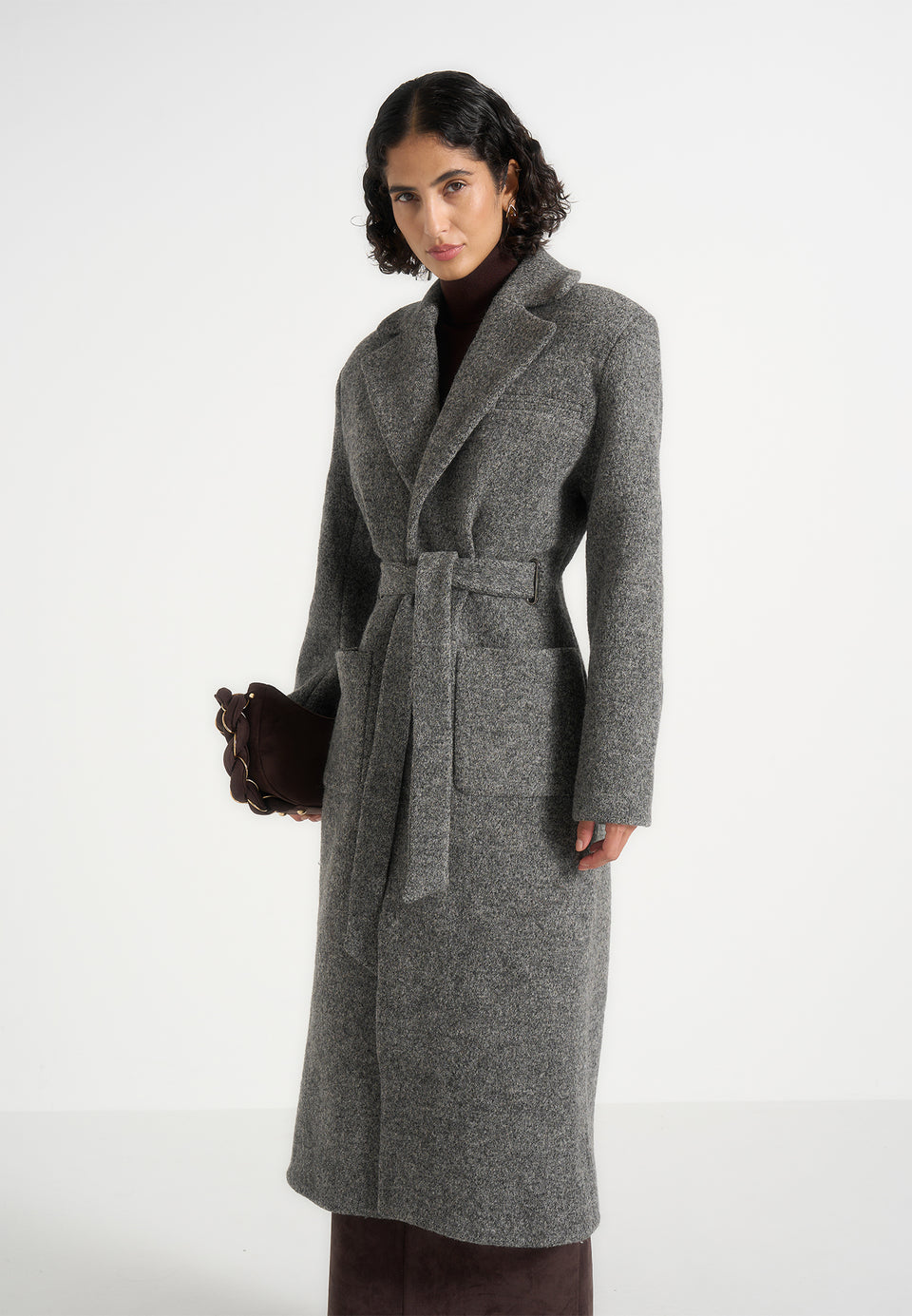 Jena - Wide Shoulder Wool Coat with Cinch Belt - Grey