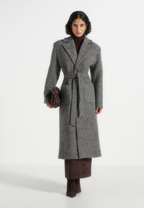 Jena - Wide Shoulder Wool Coat with Cinch Belt - Grey