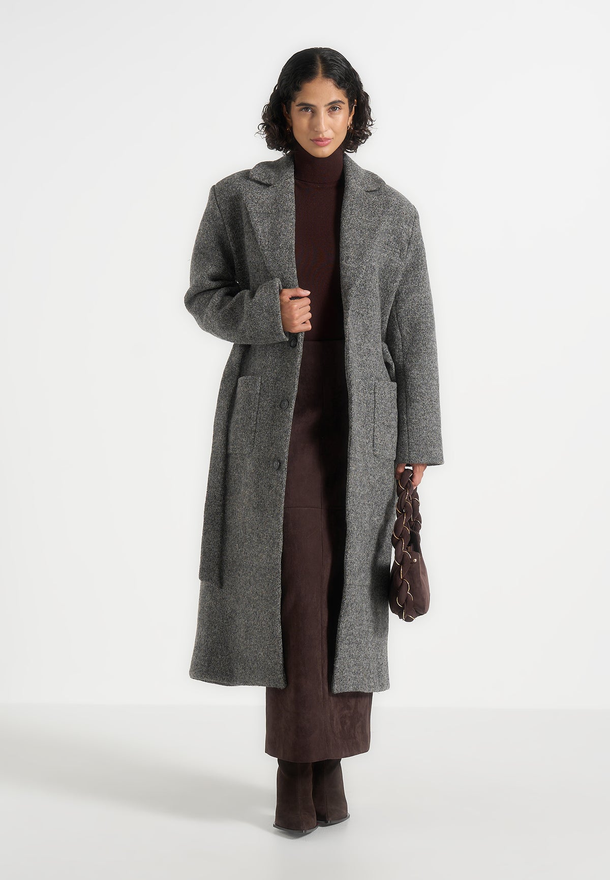 Jena - Wide Shoulder Wool Coat with Cinch Belt - Grey