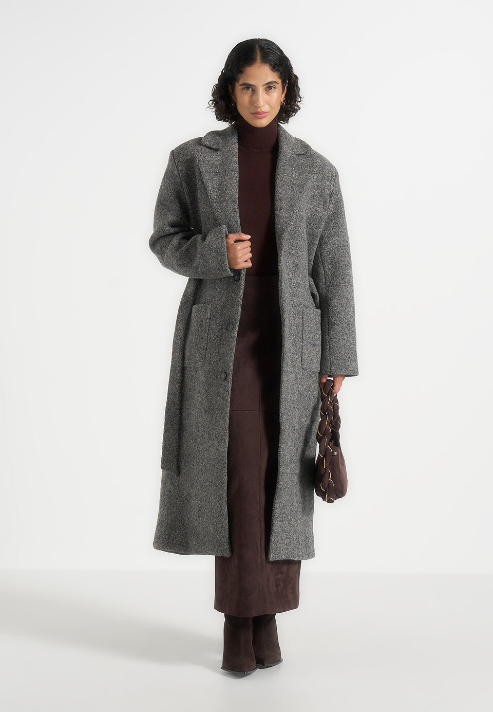Jena - Wide Shoulder Wool Coat with Cinch Belt - Grey