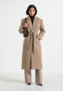 Jena - Wide Shoulder Wool Coat with Cinch Belt - Taupe