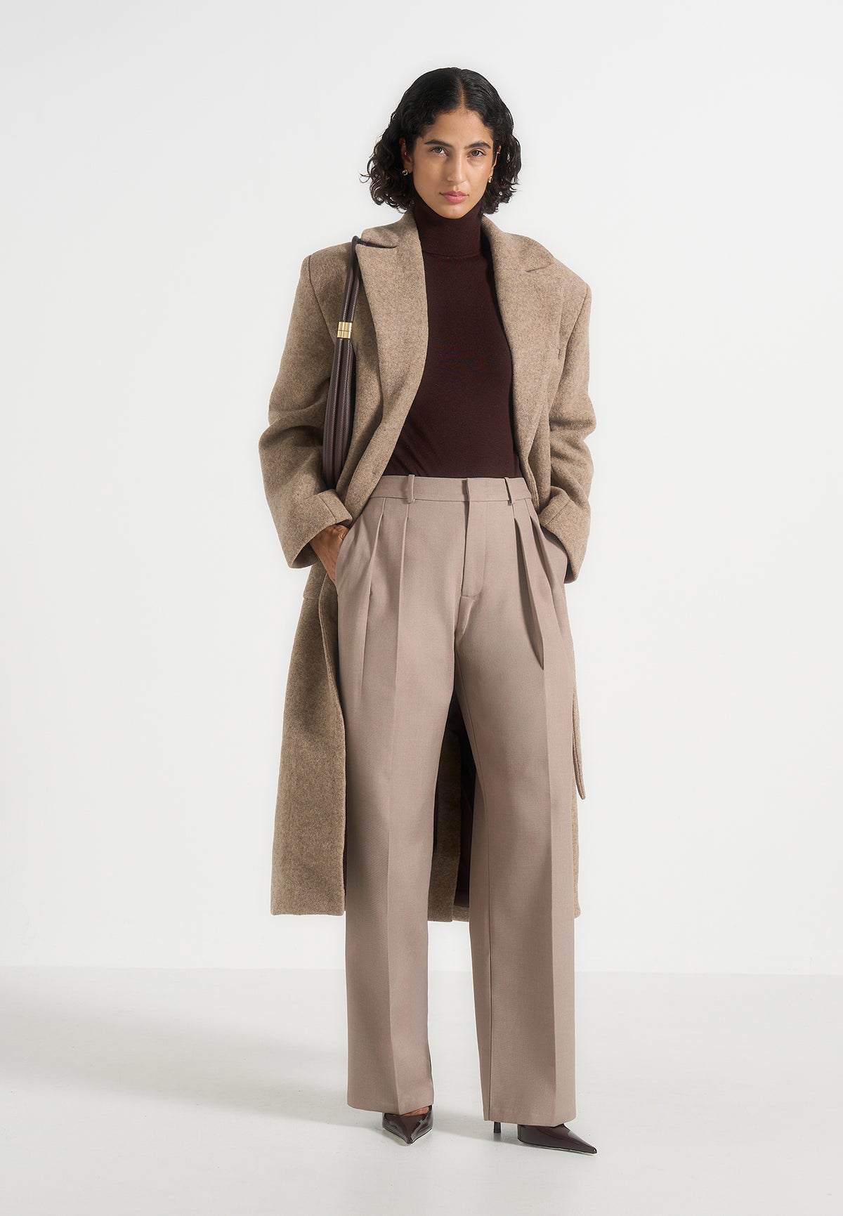 Jena - Wide Shoulder Wool Coat with Cinch Belt - Taupe