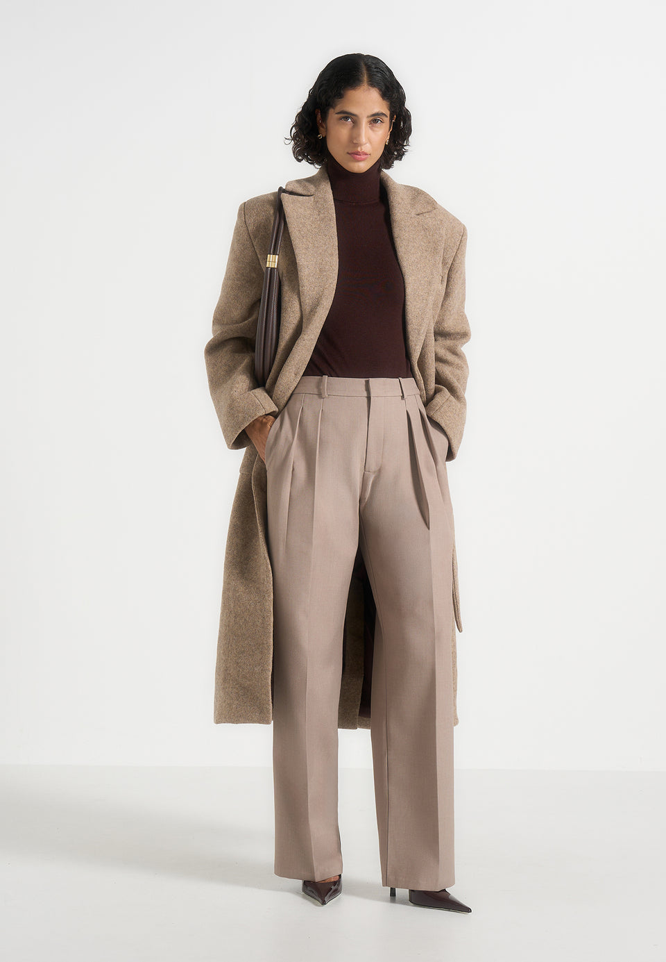 Jena - Wide Shoulder Wool Coat with Cinch Belt - Taupe