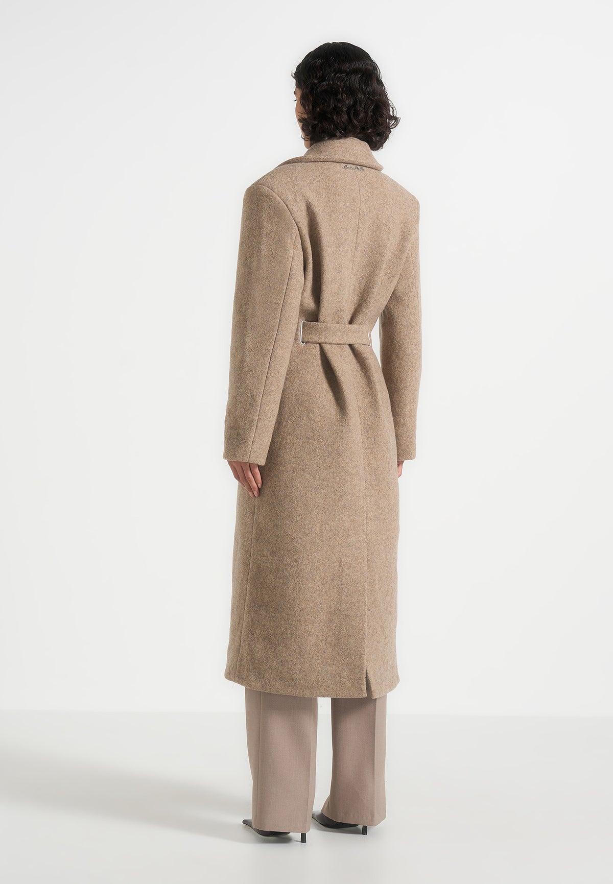 Jena - Wide Shoulder Wool Coat with Cinch Belt - Taupe