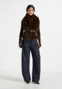Greta - Belted Fur Wrap Jacket With Pouch - Brown